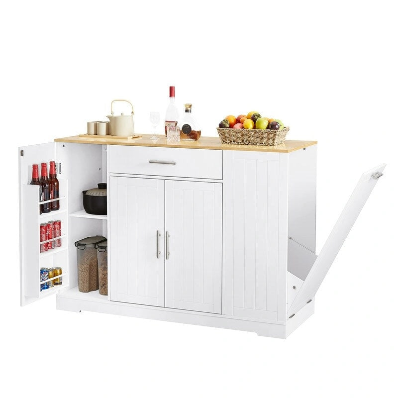 53-Inch Farmhouse Kitchen Island with Storage Drawers and Built-In Trash Can Cabinet