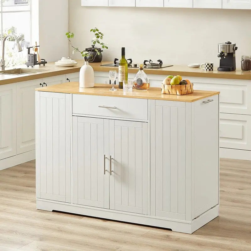 53-Inch Farmhouse Kitchen Island with Storage Drawers and Built-In Trash Can Cabinet