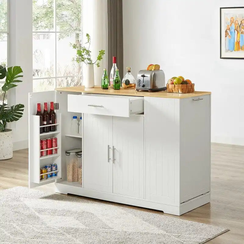 53-Inch Farmhouse Kitchen Island with Storage Drawers and Built-In Trash Can Cabinet