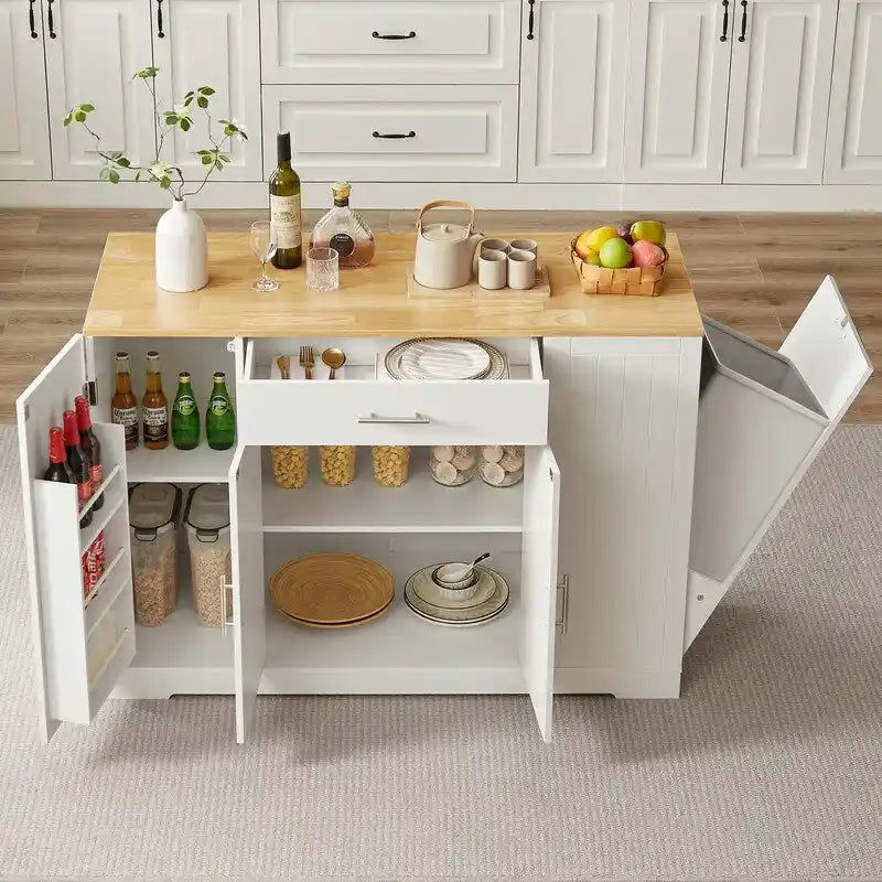 53-Inch Farmhouse Kitchen Island with Storage Drawers and Built-In Trash Can Cabinet