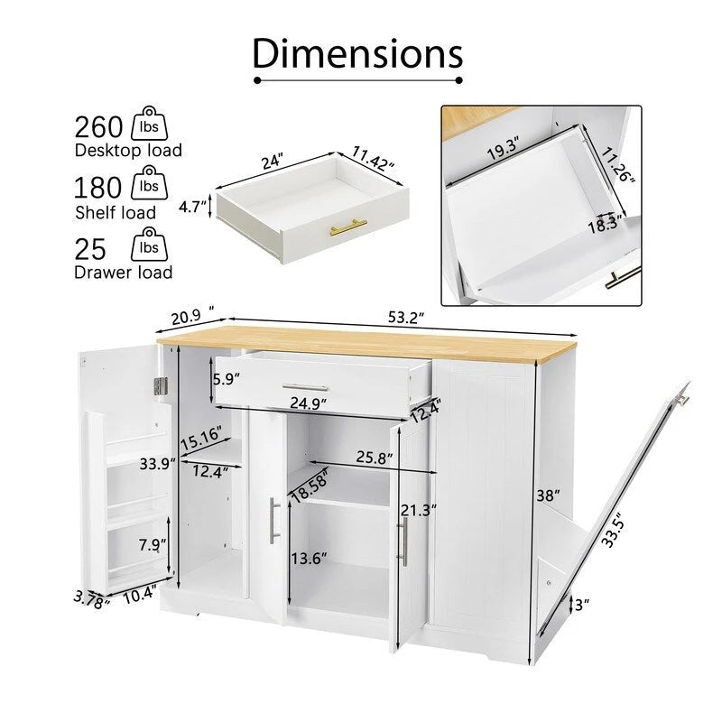 53-Inch Farmhouse Kitchen Island with Storage Drawers and Built-In Trash Can Cabinet