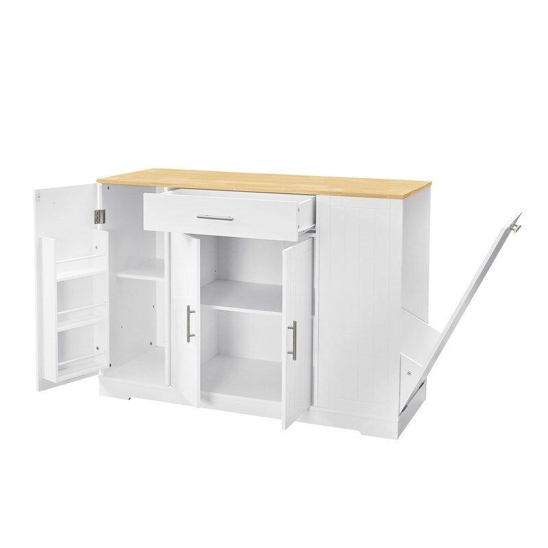 53-Inch Farmhouse Kitchen Island with Storage Drawers and Built-In Trash Can Cabinet
