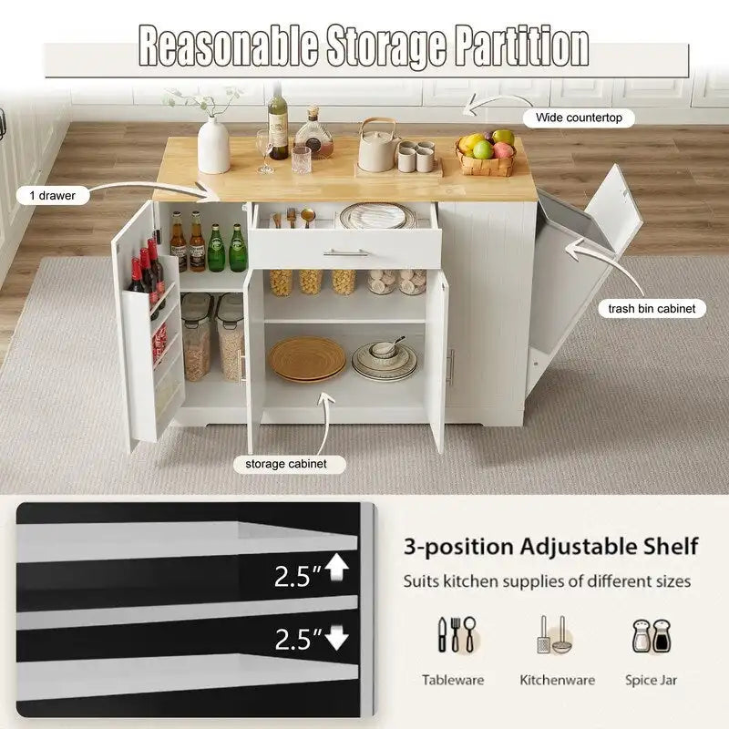 53-Inch Farmhouse Kitchen Island with Storage Drawers and Built-In Trash Can Cabinet