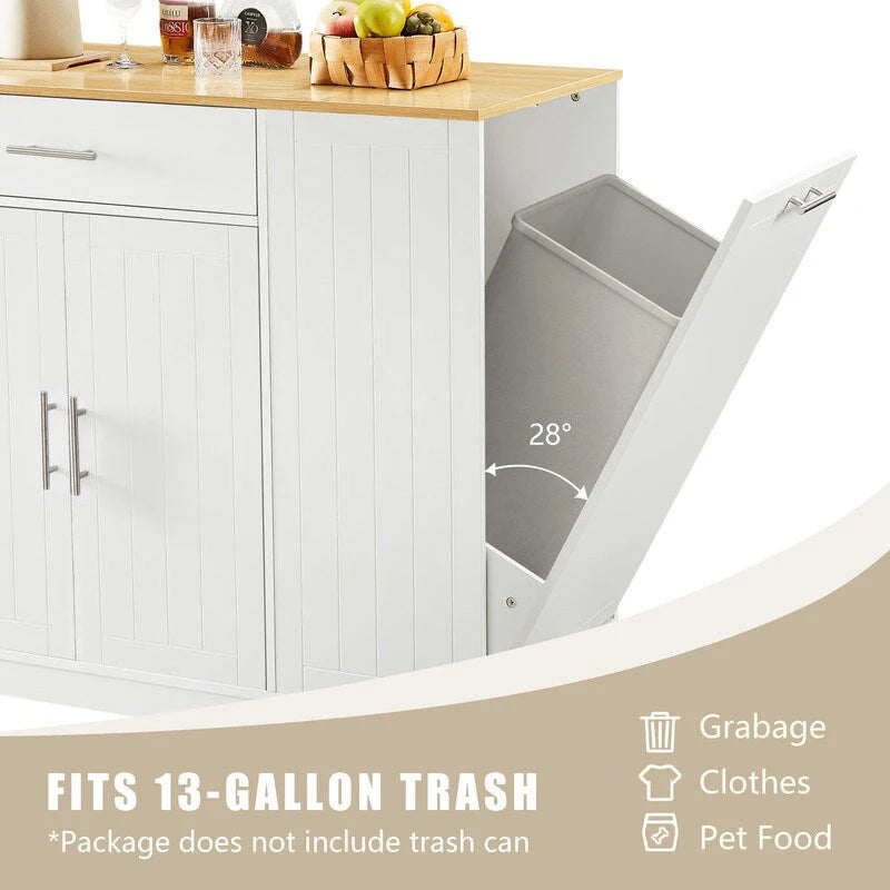 53-Inch Farmhouse Kitchen Island with Storage Drawers and Built-In Trash Can Cabinet