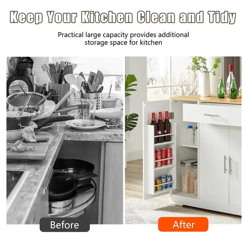 53-Inch Farmhouse Kitchen Island with Storage Drawers and Built-In Trash Can Cabinet