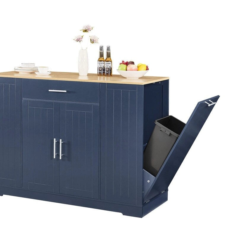 53-Inch Farmhouse Kitchen Island with Storage Drawers and Built-In Trash Can Cabinet
