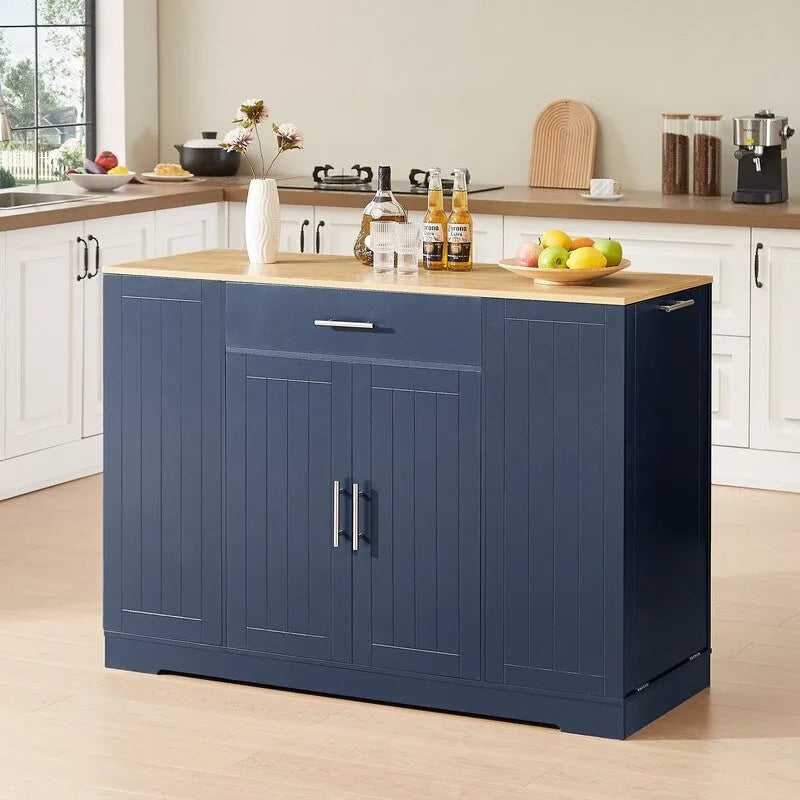 53-Inch Farmhouse Kitchen Island with Storage Drawers and Built-In Trash Can Cabinet