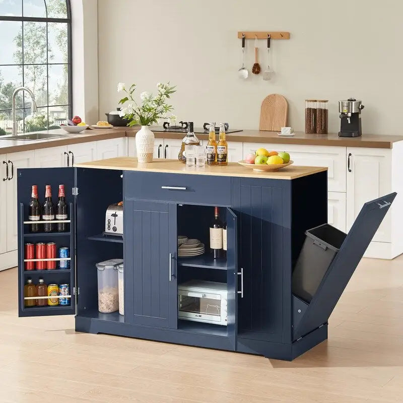53-Inch Farmhouse Kitchen Island with Storage Drawers and Built-In Trash Can Cabinet