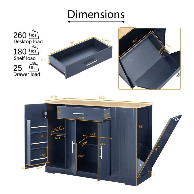 53-Inch Farmhouse Kitchen Island with Storage Drawers and Built-In Trash Can Cabinet