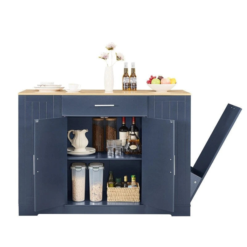 53-Inch Farmhouse Kitchen Island with Storage Drawers and Built-In Trash Can Cabinet