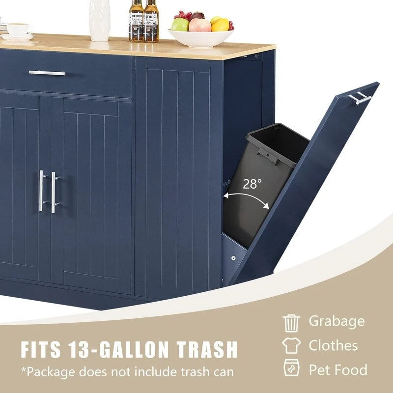 53-Inch Farmhouse Kitchen Island with Storage Drawers and Built-In Trash Can Cabinet