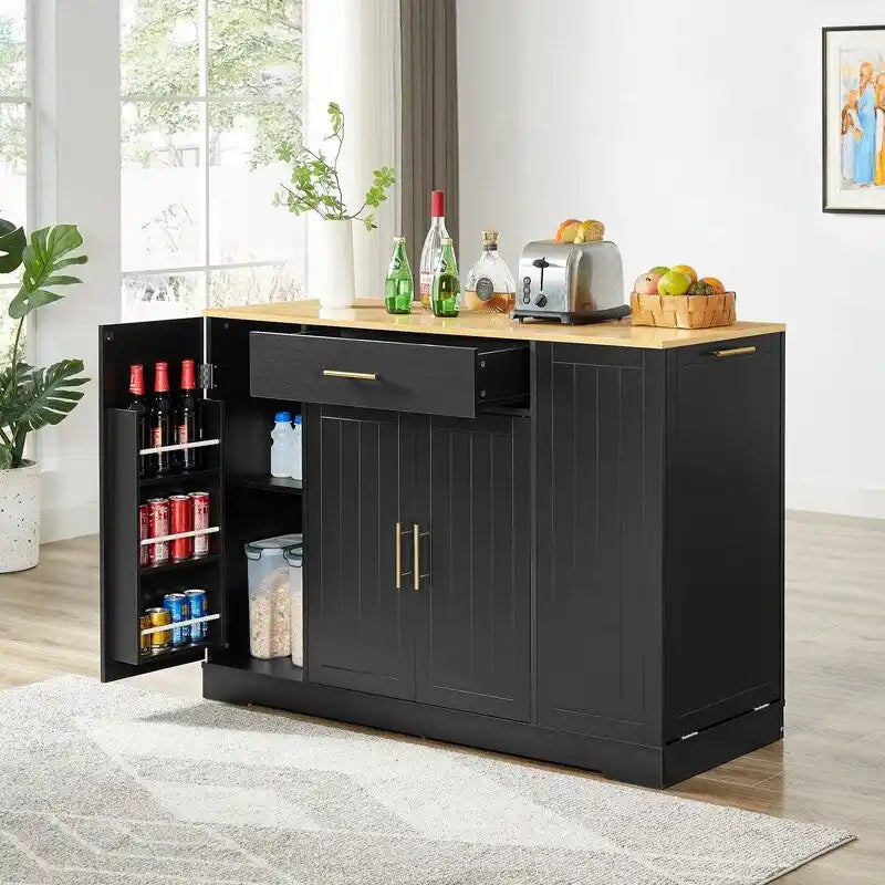 53-Inch Farmhouse Kitchen Island with Storage Drawers and Built-In Trash Can Cabinet