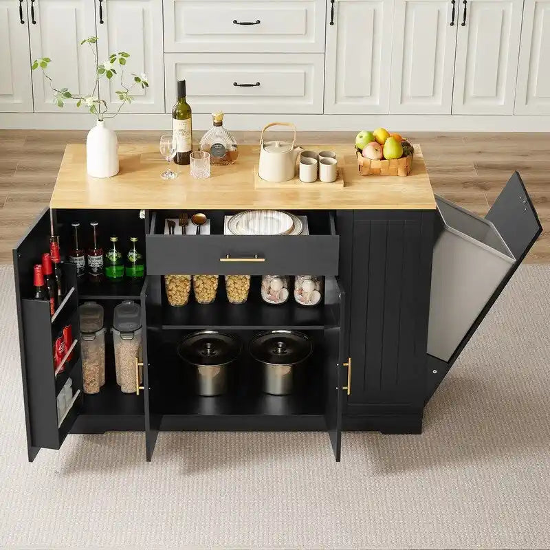 53-Inch Farmhouse Kitchen Island with Storage Drawers and Built-In Trash Can Cabinet