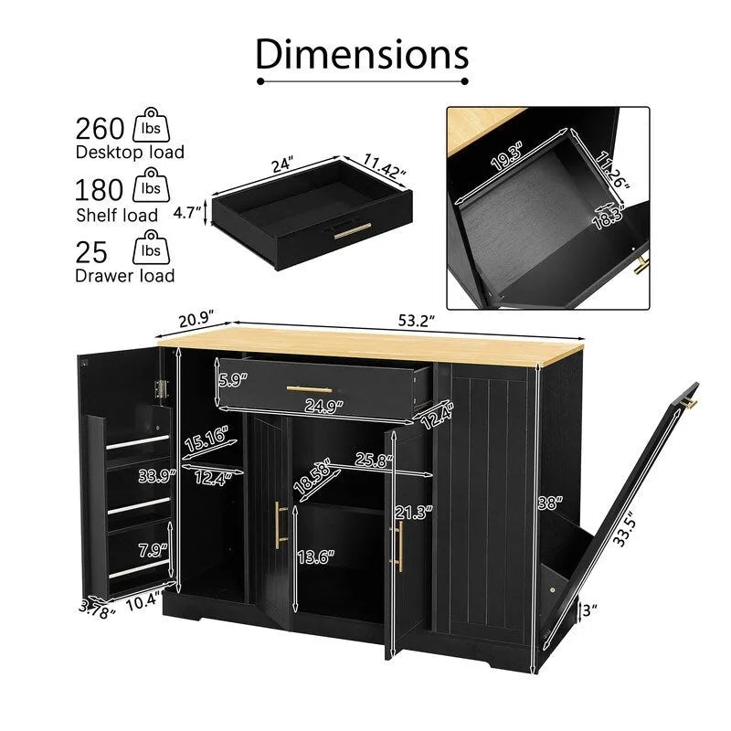 53-Inch Farmhouse Kitchen Island with Storage Drawers and Built-In Trash Can Cabinet
