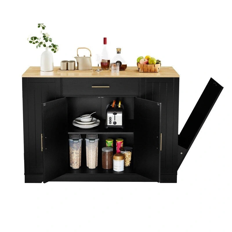 53-Inch Farmhouse Kitchen Island with Storage Drawers and Built-In Trash Can Cabinet