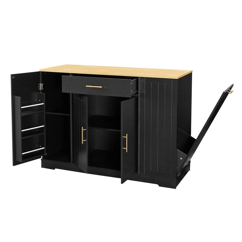 53-Inch Farmhouse Kitchen Island with Storage Drawers and Built-In Trash Can Cabinet