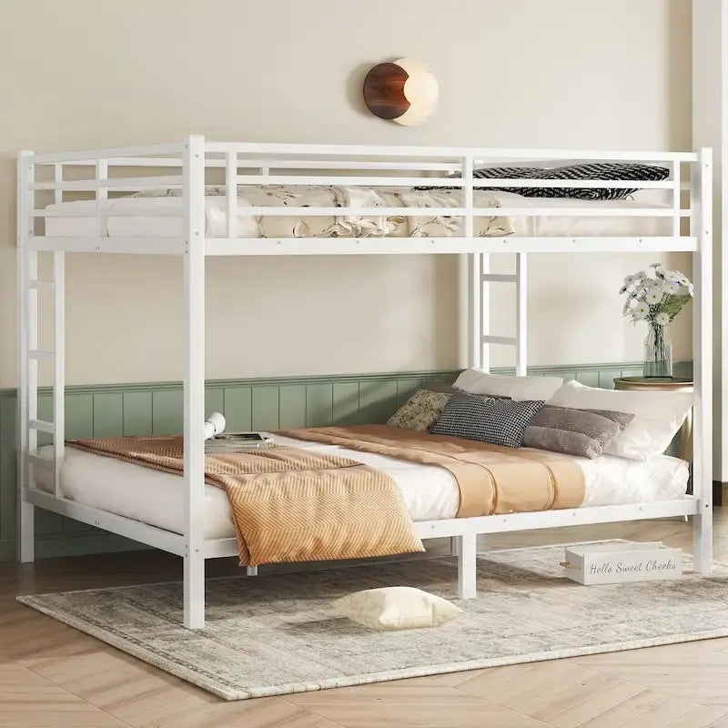 Queen over Queen Metal Bunk Bed with Dual-Side Ladder & Safety Rail