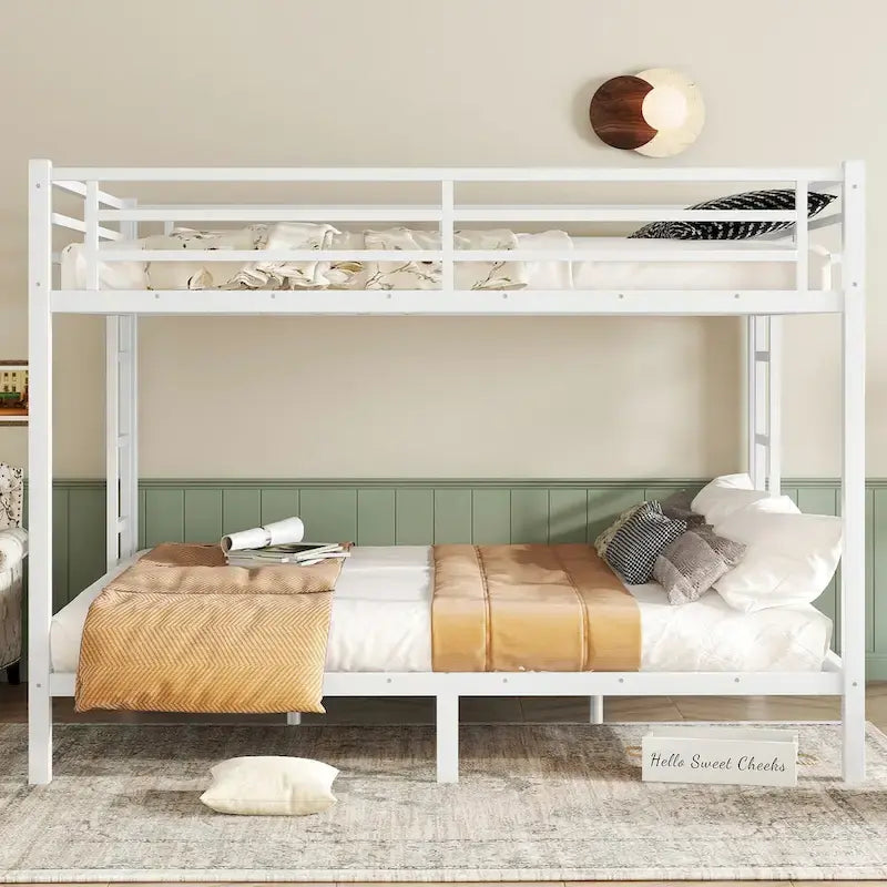 Queen over Queen Metal Bunk Bed with Dual-Side Ladder & Safety Rail