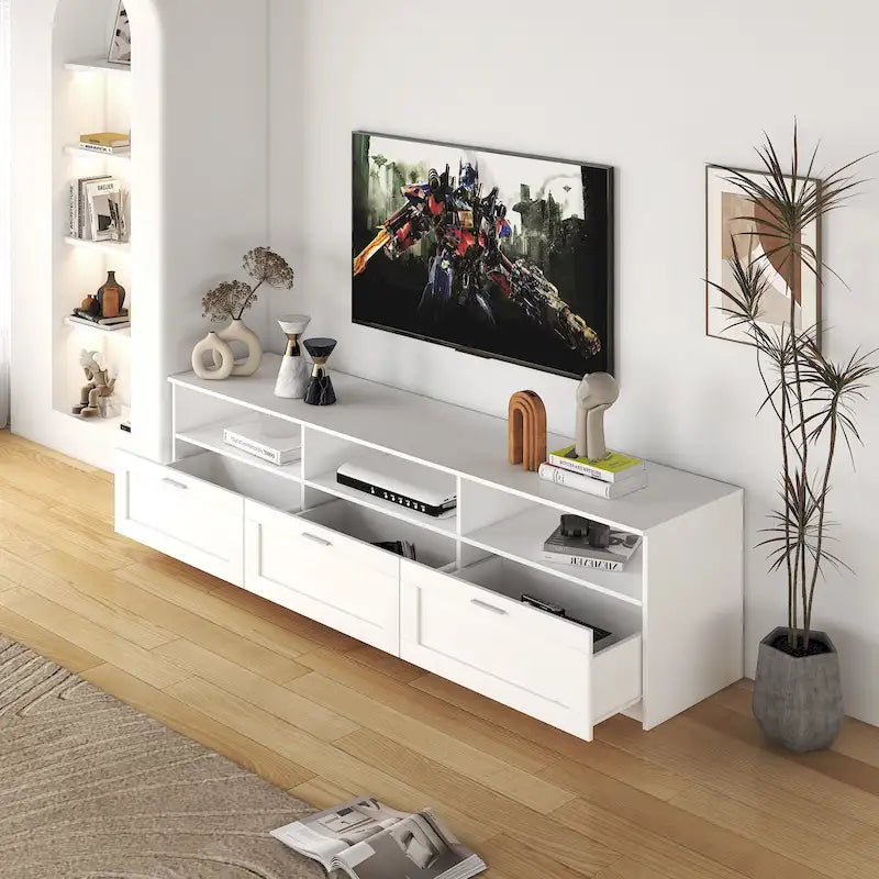 Moderní minimalistický televizní stolek 70" se 3 zásuvkami a otevřenými policemi – bílý