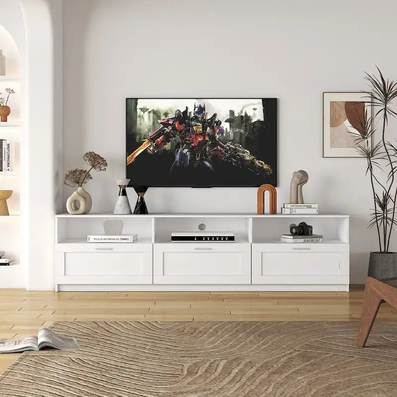 70" Modern Minimalist TV Stand with 3 Drawers & Open Shelves – White