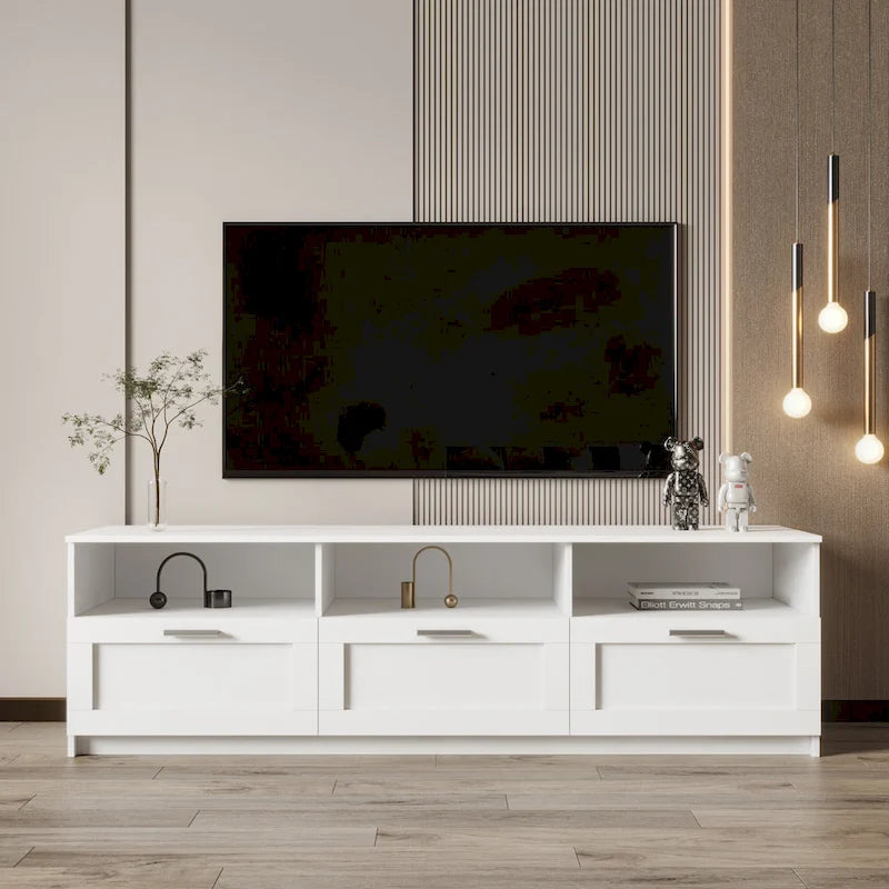 70" Modern Minimalist TV Stand with 3 Drawers & Open Shelves – White