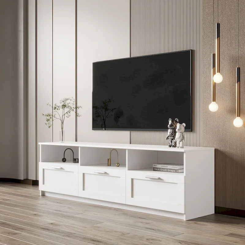 Moderní minimalistický televizní stolek 70" se 3 zásuvkami a otevřenými policemi – bílý