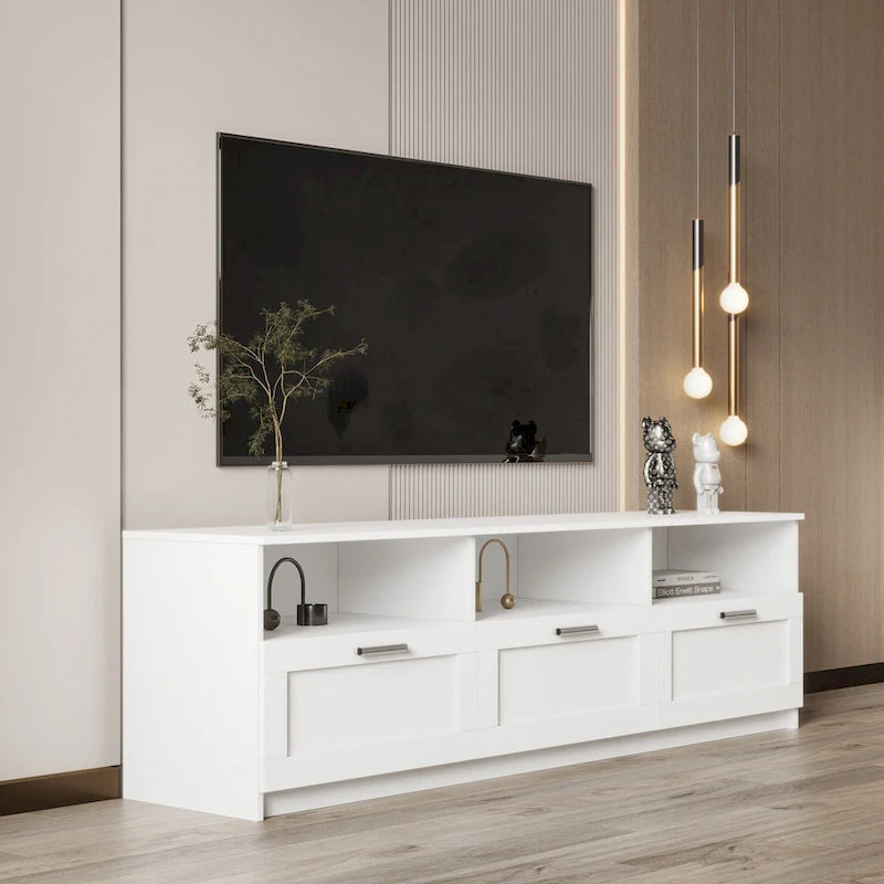 70" Modern Minimalist TV Stand with 3 Drawers & Open Shelves – White