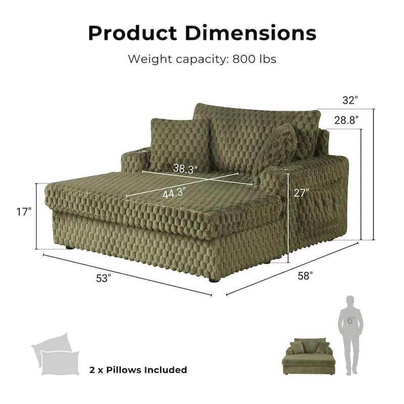 Oversized Upholstered Chaise Lounge with Cup Holders and Side Storage Pocket