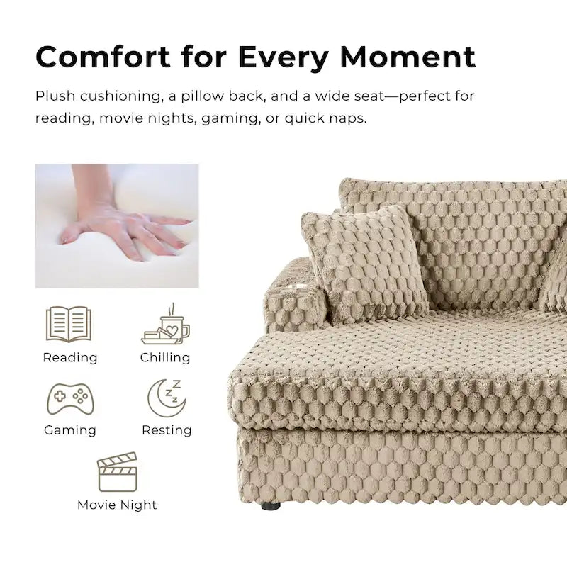 Oversized Upholstered Chaise Lounge with Cup Holders and Side Storage Pocket