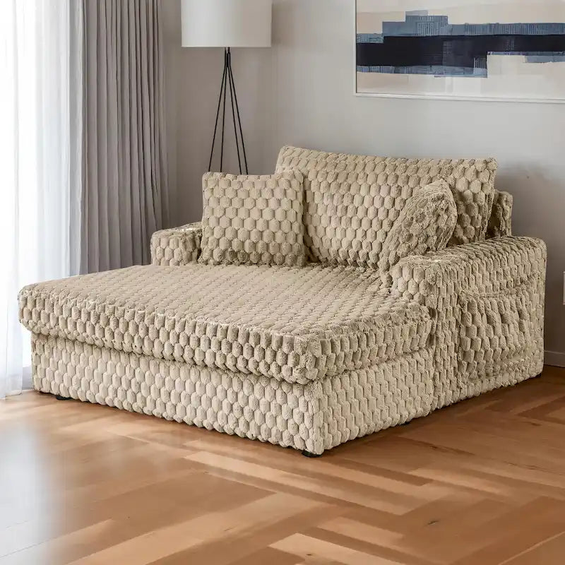 Oversized Upholstered Chaise Lounge with Cup Holders and Side Storage Pocket