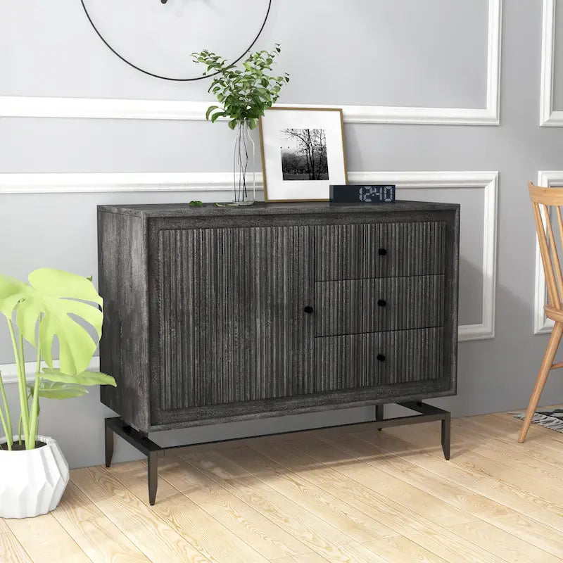 Mango Wood Accent Cabinet with 3 Drawers and Fluted Door Front
