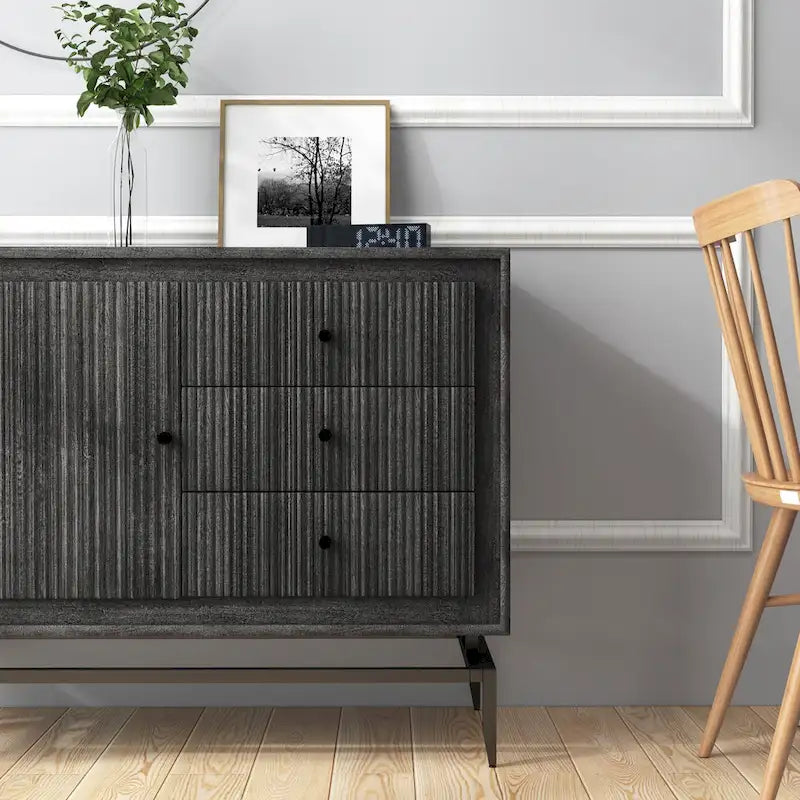 Mango Wood Accent Cabinet with 3 Drawers and Fluted Door Front