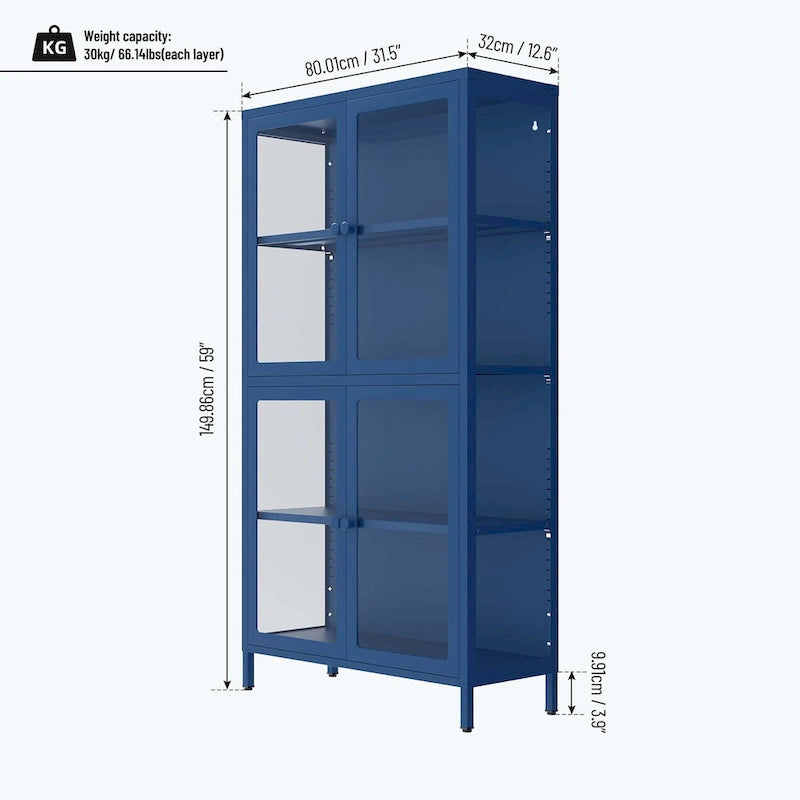 59" breite Vitrine mit Glastüren und verstellbaren Stahleinlegeböden