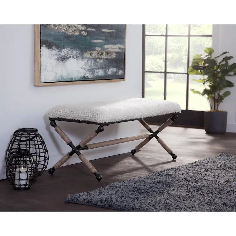 Ivory Boucle Upholstered Double Bench with X-Frame Metal Base