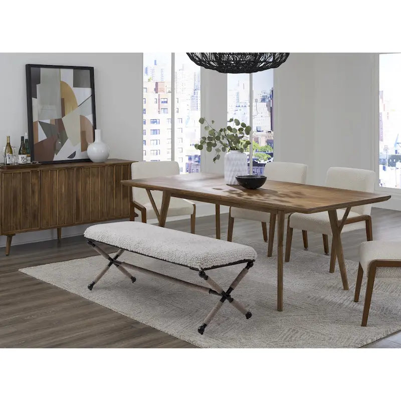 Ivory Boucle Upholstered Double Bench with X-Frame Metal Base
