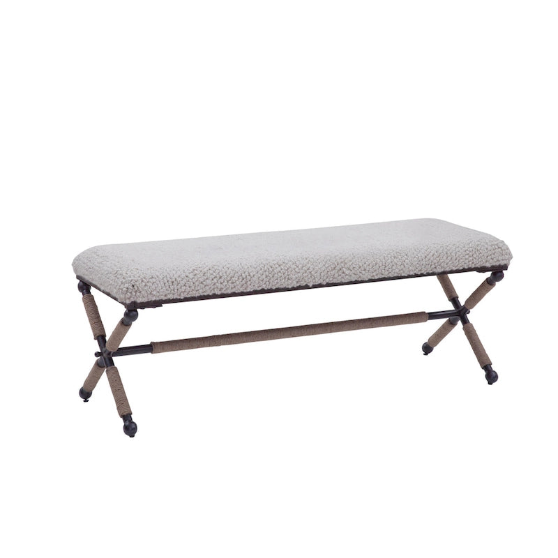 Ivory Boucle Upholstered Double Bench with X-Frame Metal Base