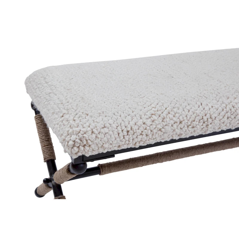 Panca doppia imbottita in bouclé color avorio con base in metallo a X