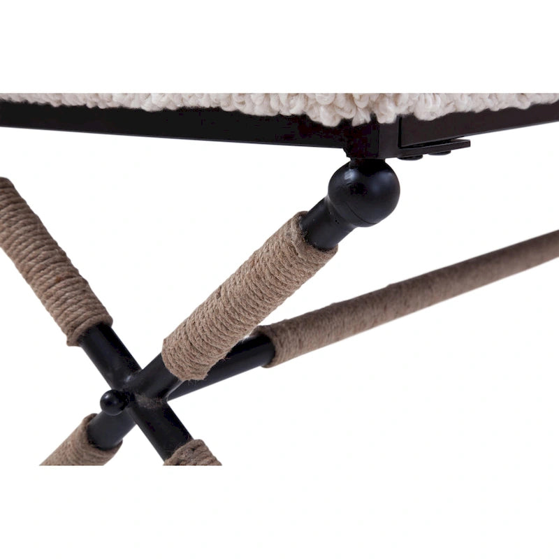 Panca doppia imbottita in bouclé color avorio con base in metallo a X