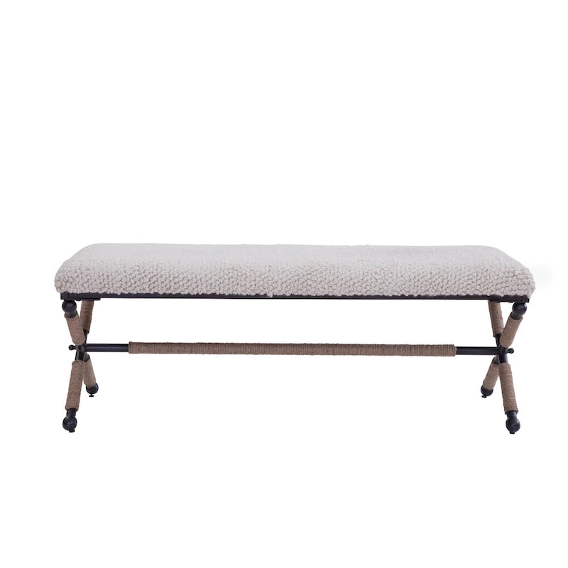 Panca doppia imbottita in bouclé color avorio con base in metallo a X