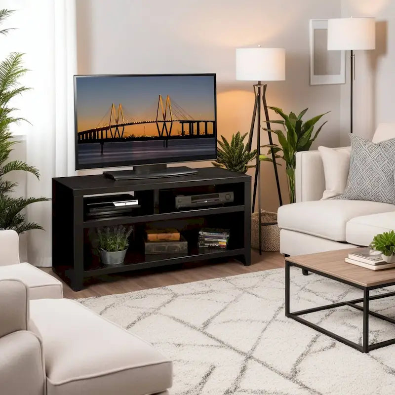 48" Solid Wood TV Stand with Open Shelving – Mocha