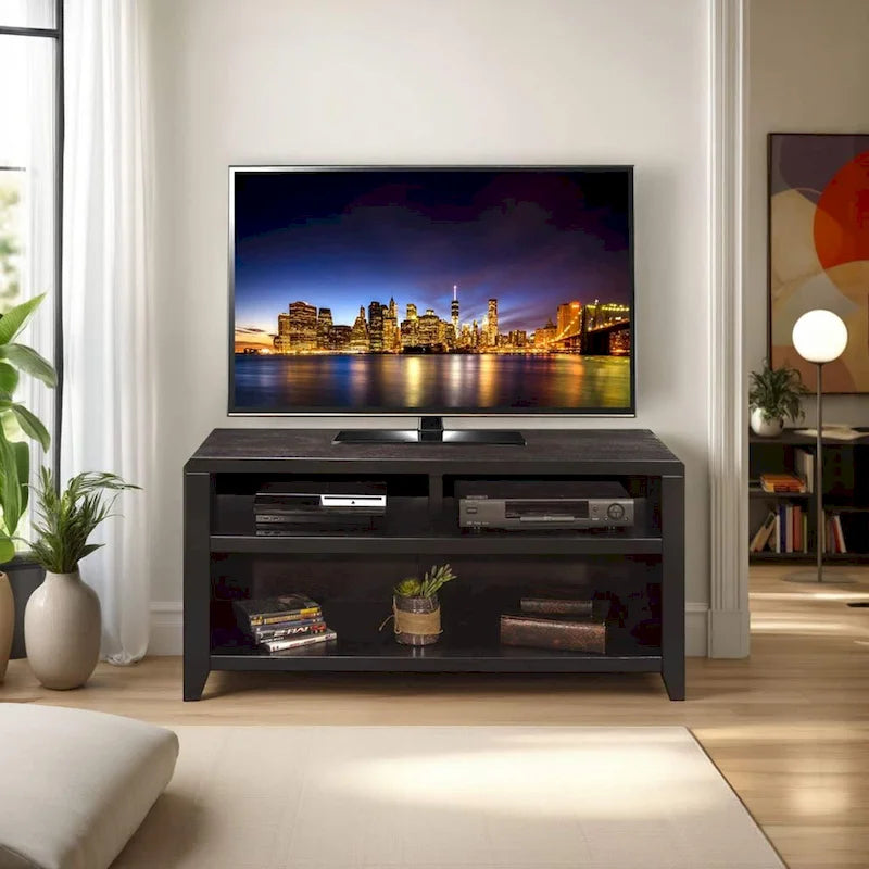 48" Solid Wood TV Stand with Open Shelving – Mocha