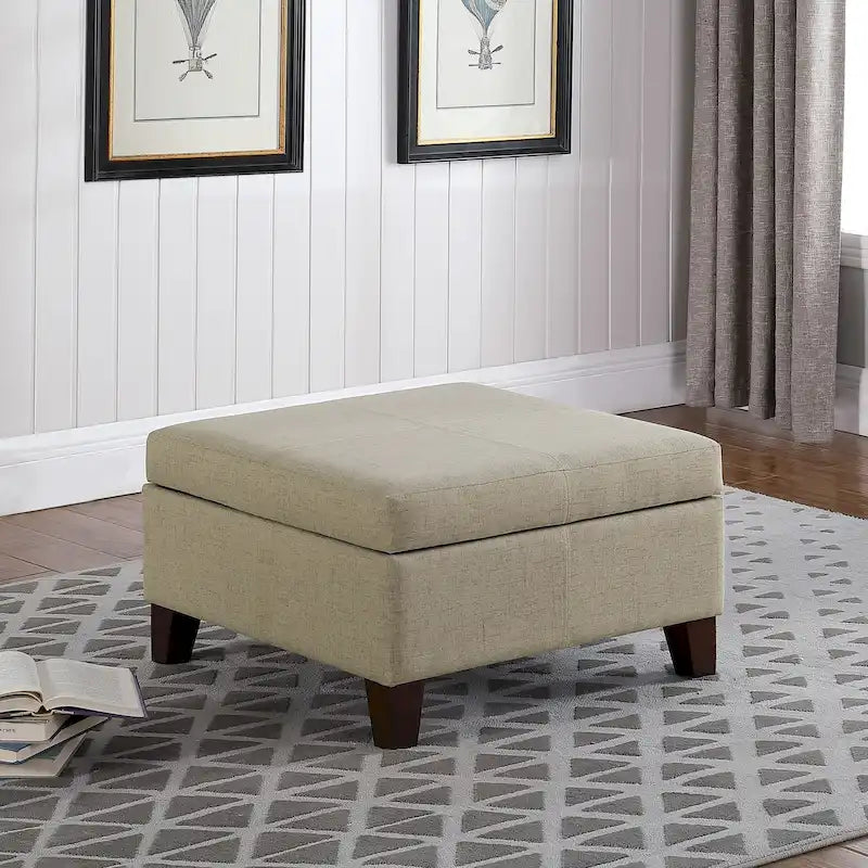 28" Square Upholstered Storage Ottoman with Wood Legs