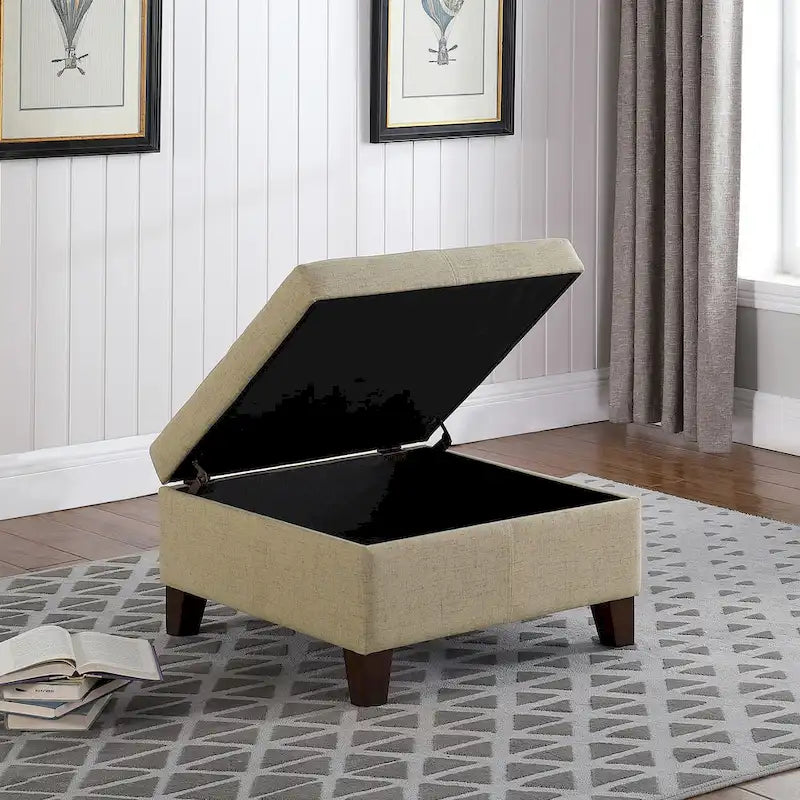 28" Square Upholstered Storage Ottoman with Wood Legs