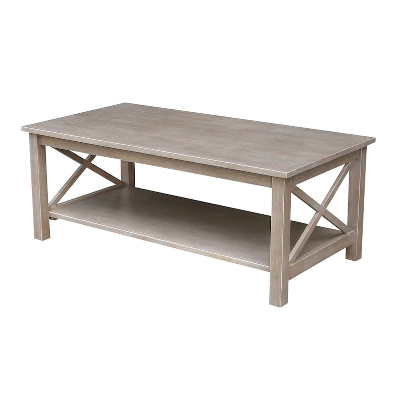 Solid Hardwood Coffee Table with X-Side Design and Lower Storage Shelf