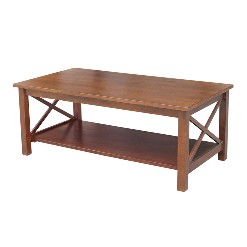 Solid Hardwood Coffee Table with X-Side Design and Lower Storage Shelf