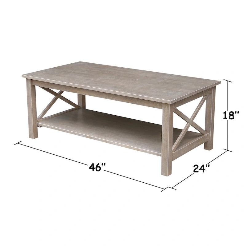Solid Hardwood Coffee Table with X-Side Design and Lower Storage Shelf