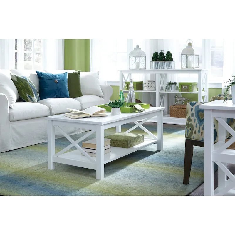 Solid Hardwood Coffee Table with X-Side Design and Lower Storage Shelf