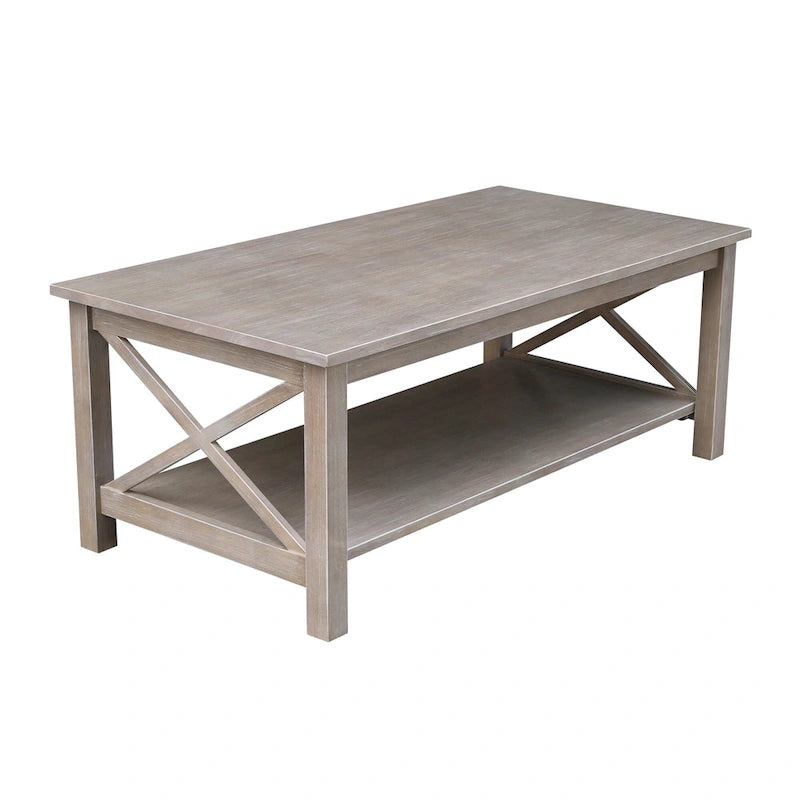 Solid Hardwood Coffee Table with X-Side Design and Lower Storage Shelf