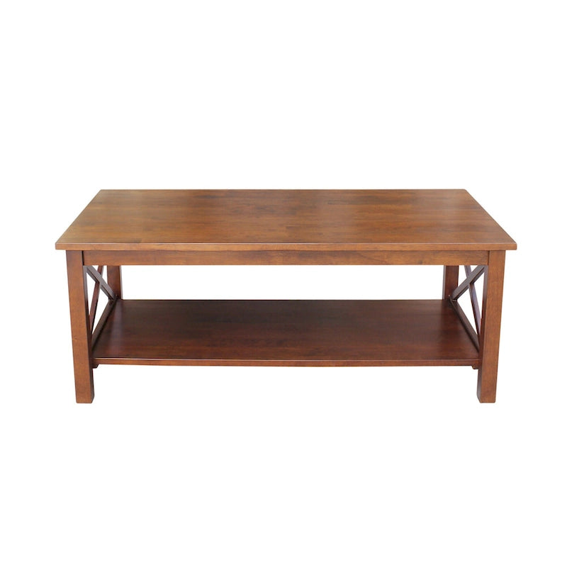 Solid Hardwood Coffee Table with X-Side Design and Lower Storage Shelf