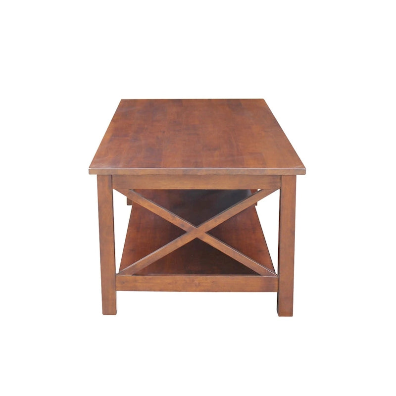 Solid Hardwood Coffee Table with X-Side Design and Lower Storage Shelf
